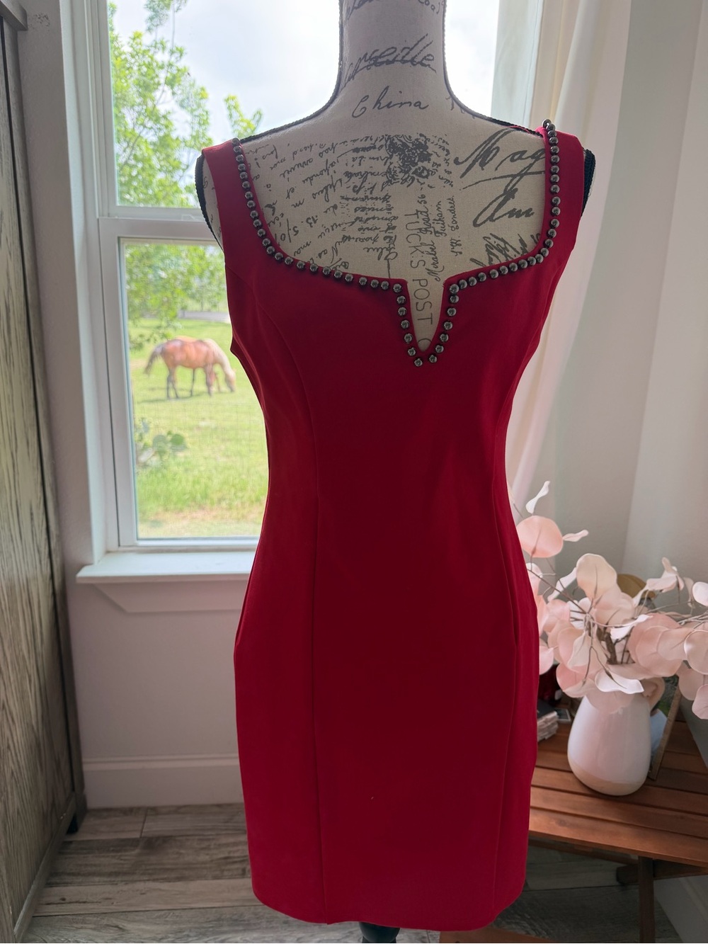 Astr Red Stud-Trim Square Neck Mini Dress